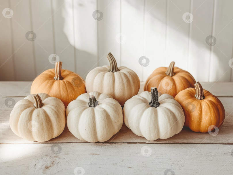 Скачать Декоративная композиция из тыкв пастельных тонов для осеннего дизайна интерьера и украшения на Хэллоуин фотосток Ozero