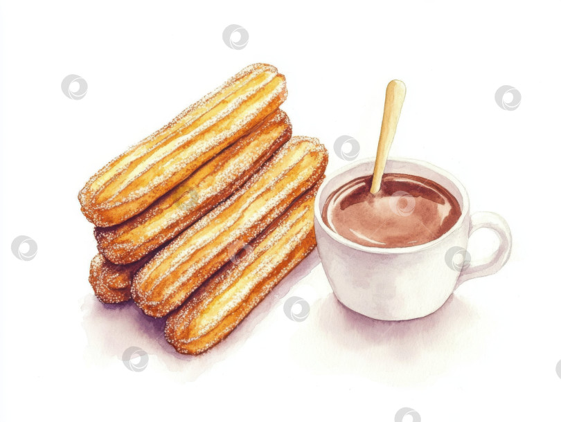 Скачать Акварельная иллюстрация хрустящих золотистых чуррос с горячим шоколадом для вдохновения на десерт фотосток Ozero