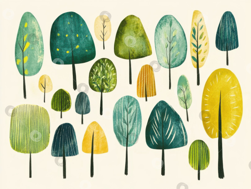 Скачать Красочное наивное искусство. Множество веселых набросков деревьев для творческого вдохновения фотосток Ozero