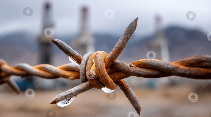 Скачать Крупный план ржавой колючей проволоки на фоне нефтеперерабатывающего завода фотосток Ozero