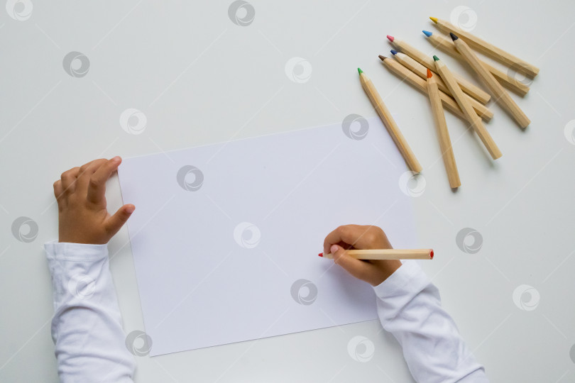Скачать Ребенок рисует цветными карандашами на белой бумаге сверху фотосток Ozero