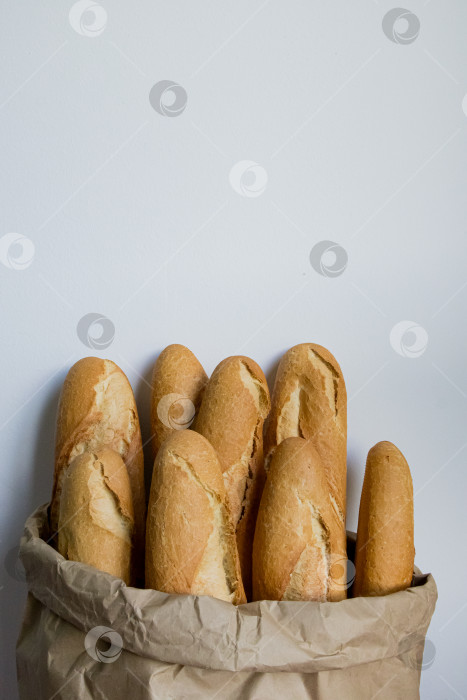 Скачать Свежие багеты в коричневом бумажном пакете на однотонном фоне фотосток Ozero
