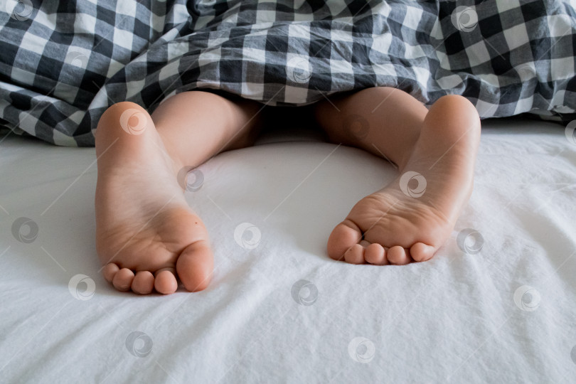 Скачать Ребенок спит под клетчатым одеялом, из-под которого видны ноги фотосток Ozero