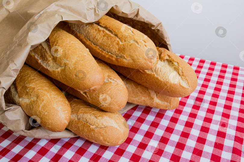 Скачать Свежие багеты в бумажном пакете на скатерти в красно-белую клетку фотосток Ozero