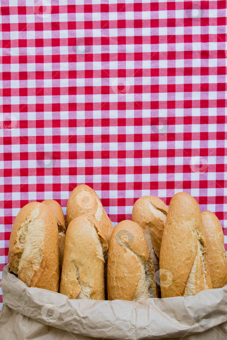 Скачать Свежие багеты в бумажном пакете на фоне красной клетчатой скатерти фотосток Ozero