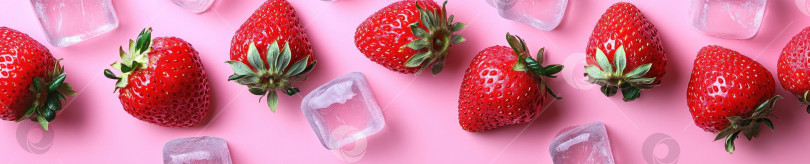 Скачать Яркая клубника и кубики льда на розовом фоне для освежающего летнего дизайна фотосток Ozero