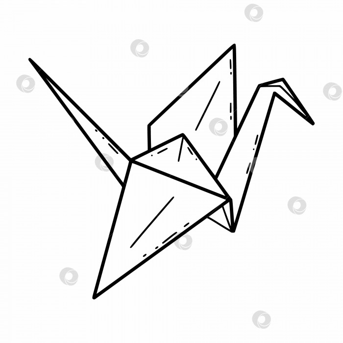 Скачать Журавль, сделанный из бумаги. Японское искусство оригами. Нарисованная от руки иллюстрация. Рисунок в стиле каракули. Черно-белый значок. фотосток Ozero
