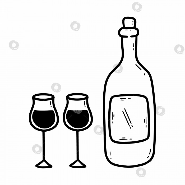 Скачать Бутылка вина и бокалы для вина. Векторная иллюстрация каракулей. Наклейка нарисована от руки. Набросок. фотосток Ozero