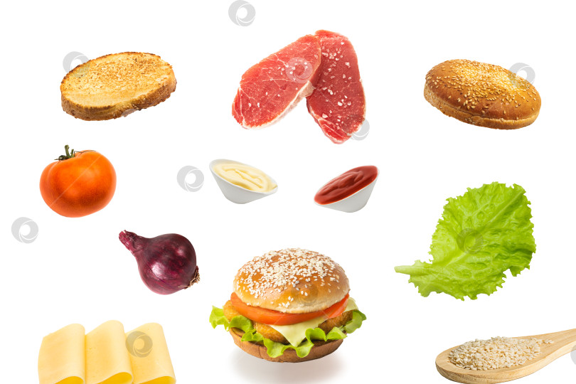 Скачать Ингредиенты для вкусного бургера на белом фоне: булочка, овощи, мясо, кунжут, сыр. Изолированный. Пространство для копирования фотосток Ozero