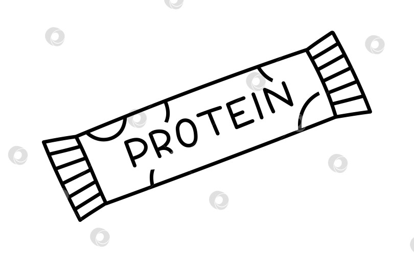 Скачать Протеиновый батончик Lovely doodle energy в качестве перекуса перед тренировкой. Питательный батончик с нарисованными от руки контурами, белковая добавка для увеличения силы. Полезное блюдо для фитнеса с хлопьями на белом фоне. фотосток Ozero
