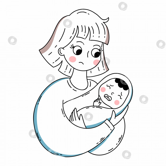 Скачать Грустная мама держит на руках плачущего ребенка. Мать и младенец. Векторная иллюстрация каракулей. фотосток Ozero