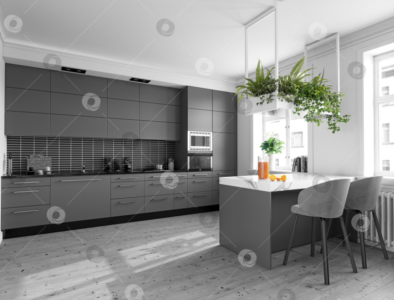 Скачать Серая современная кухня с подвесными растениями фотосток Ozero