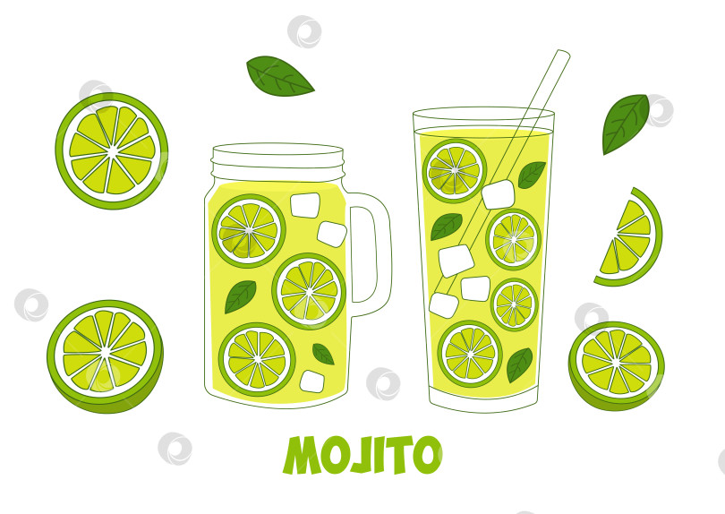 Скачать Освежающий мохито со свежей мятой и кусочками лайма. Векторная иллюстрация фотосток Ozero