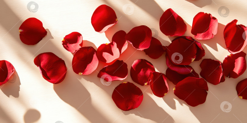 Скачать Романтическая ровная композиция из лепестков красных роз на яркой поверхности с тенями и солнечным светом фотосток Ozero