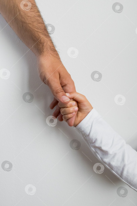 Скачать Рука взрослого кавказского мужчины нежно держит детскую ладошку на белом фоне фотосток Ozero