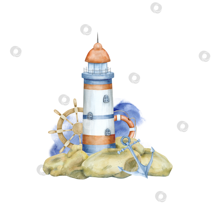 Скачать Морская акварельная композиция с маяком. фотосток Ozero
