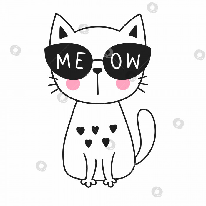 Скачать Симпатичный каракулевый кот. Котенок в черных очках с надписью "мяу". фотосток Ozero