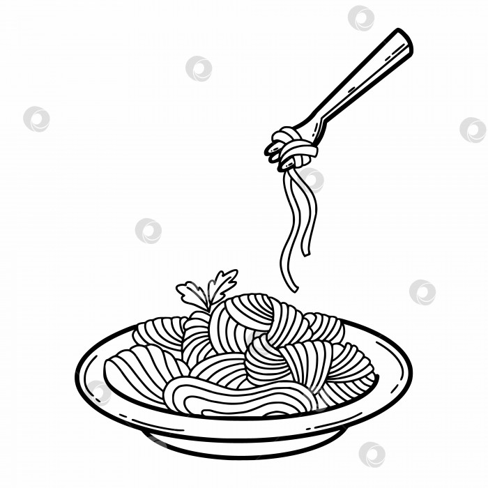 Скачать Итальянская паста в тарелке. Национальное блюдо. Спагетти. Векторная иллюстрация каракулей. Нарисованный от руки эскиз. Значок для меню. фотосток Ozero