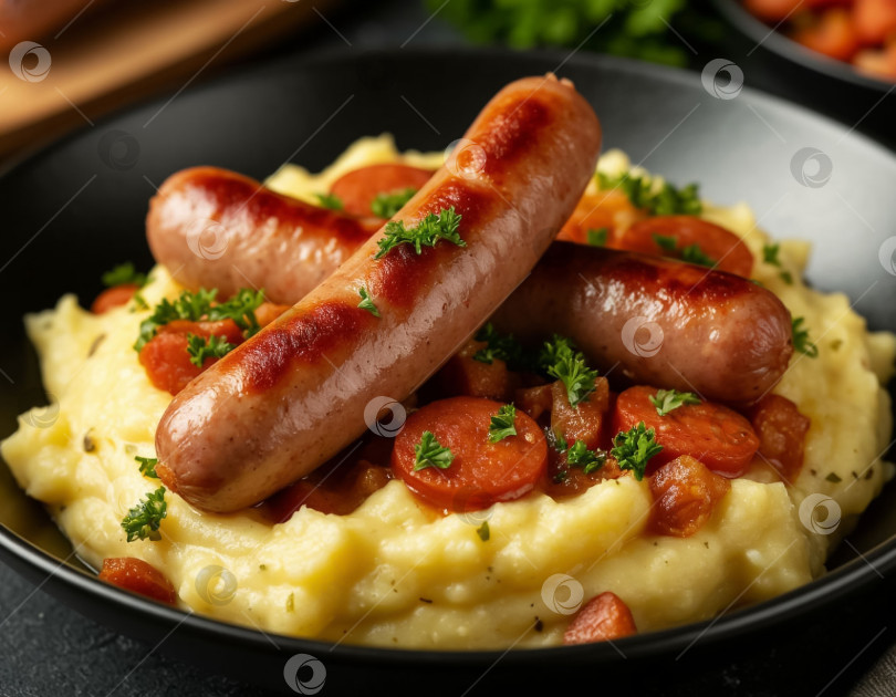 Скачать Картофельное пюре с жареными сосисками, созданное с помощью искусственного интеллекта фотосток Ozero
