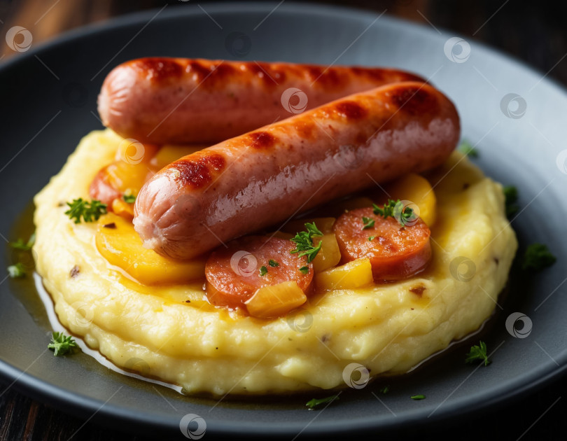Скачать Картофельное пюре с жареными сосисками, созданное с помощью искусственного интеллекта фотосток Ozero