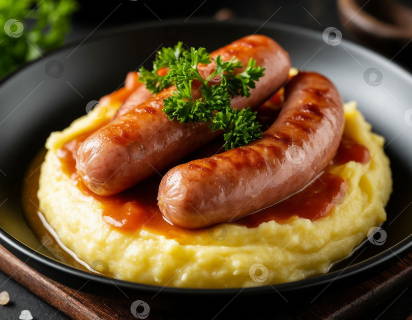 Скачать Картофельное пюре с жареными сосисками, созданное с помощью искусственного интеллекта фотосток Ozero