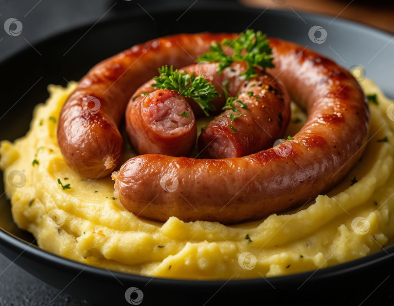Скачать Картофельное пюре с жареными сосисками, созданное с помощью искусственного интеллекта фотосток Ozero