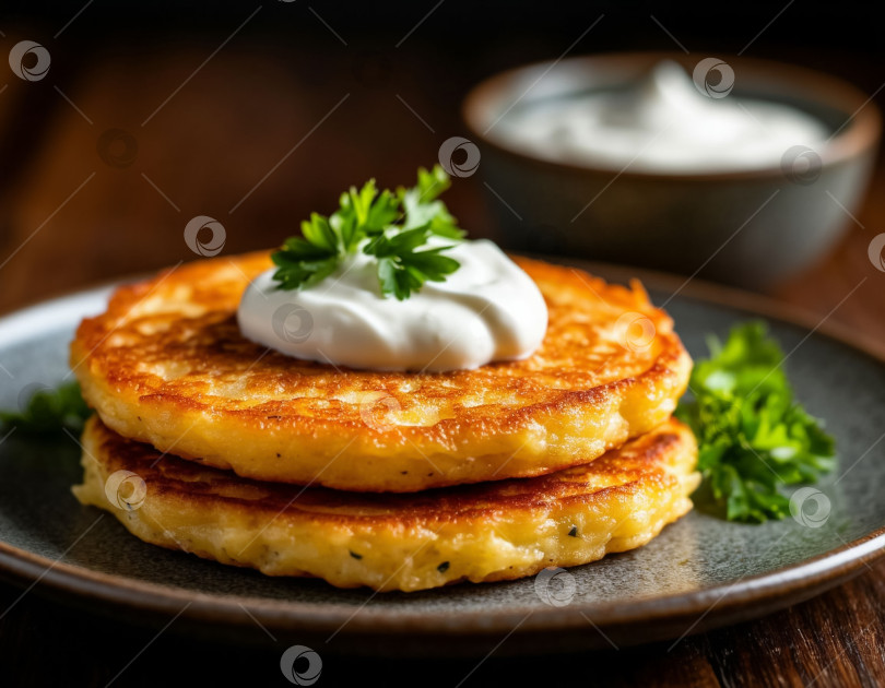 Скачать Картофельные оладьи со сметаной, созданные с помощью искусственного интеллекта фотосток Ozero