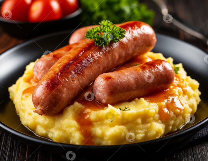 Скачать Картофельное пюре с жареными сосисками, созданное с помощью искусственного интеллекта фотосток Ozero