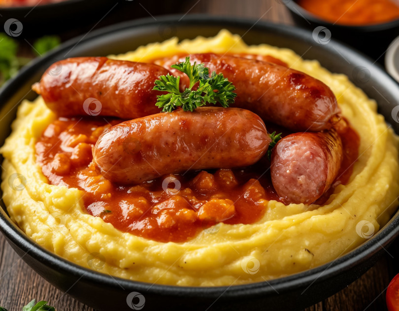 Скачать Картофельное пюре с жареными сосисками, созданное с помощью искусственного интеллекта фотосток Ozero