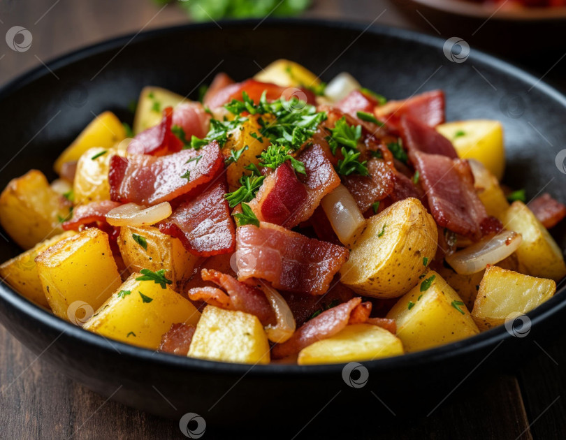 Скачать Жареный картофель с беконом и луком, созданный искусственным интеллектом фотосток Ozero