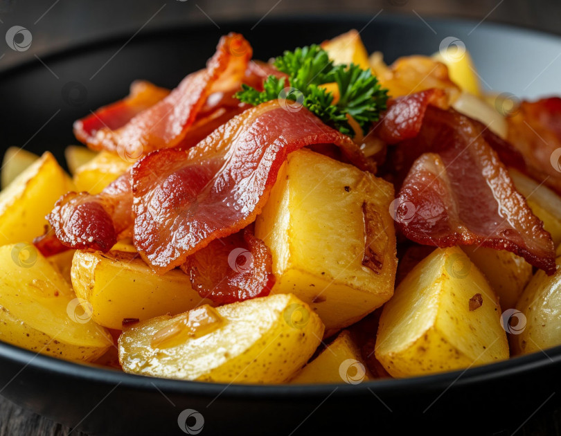 Скачать Жареный картофель с беконом и луком, созданный искусственным интеллектом фотосток Ozero