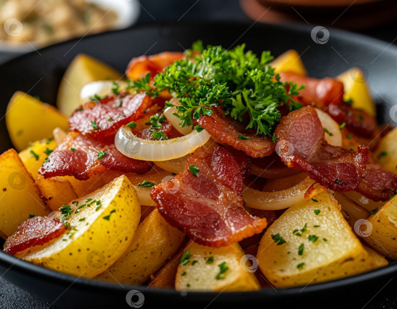 Скачать Жареный картофель с беконом и луком, созданный искусственным интеллектом фотосток Ozero