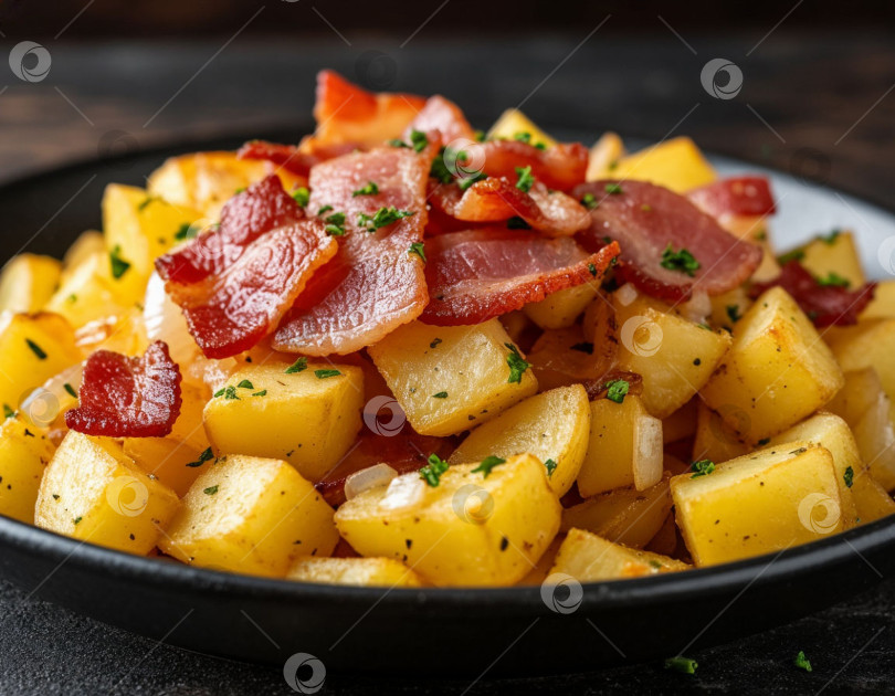 Скачать Жареный картофель с беконом и луком, созданный искусственным интеллектом фотосток Ozero
