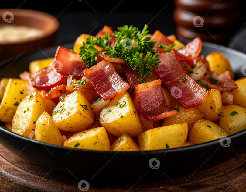 Скачать Жареный картофель с беконом и луком, созданный искусственным интеллектом фотосток Ozero
