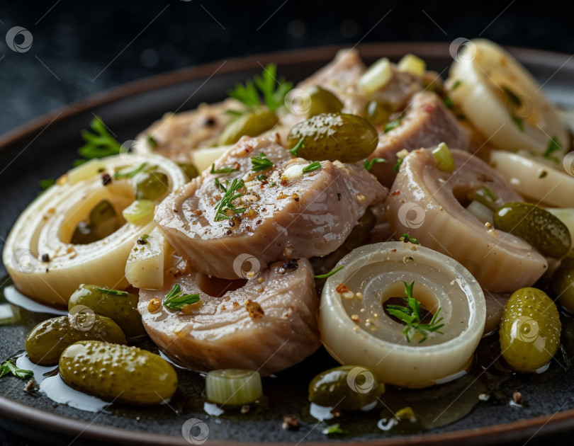 Скачать Маринованная сельдь с корнишонами и луком, созданная искусственным интеллектом фотосток Ozero
