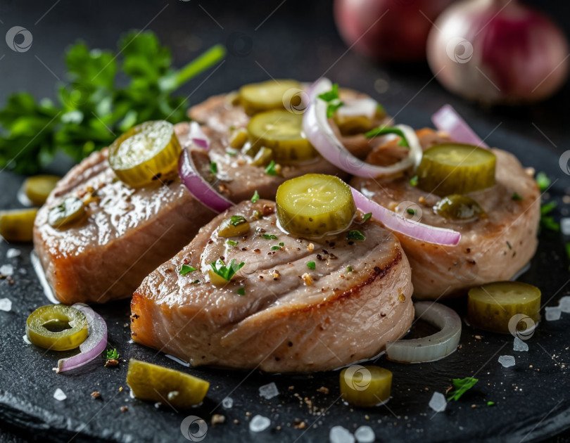 Скачать Маринованная сельдь с корнишонами и луком, созданная искусственным интеллектом фотосток Ozero