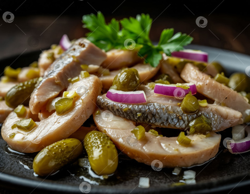 Скачать Маринованная сельдь с корнишонами и луком, созданная искусственным интеллектом фотосток Ozero