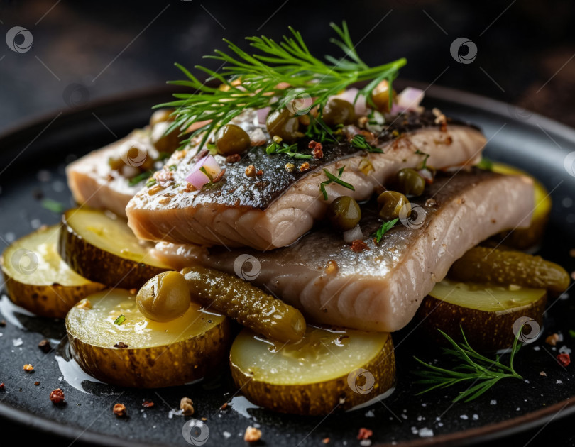 Скачать Маринованная сельдь с корнишонами и луком, созданная искусственным интеллектом фотосток Ozero