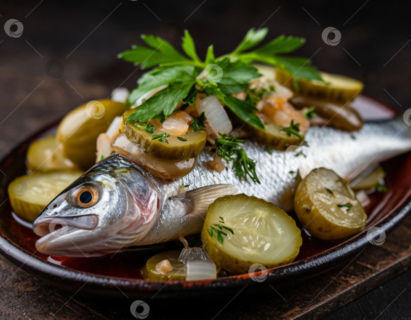 Скачать Маринованная сельдь с корнишонами и луком, созданная искусственным интеллектом фотосток Ozero