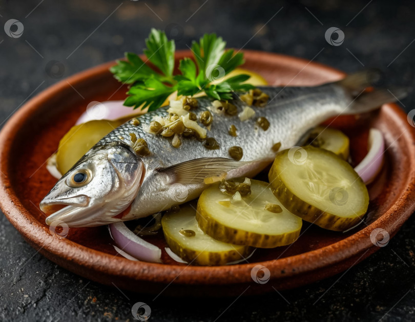 Скачать Маринованная сельдь с корнишонами и луком, созданная искусственным интеллектом фотосток Ozero