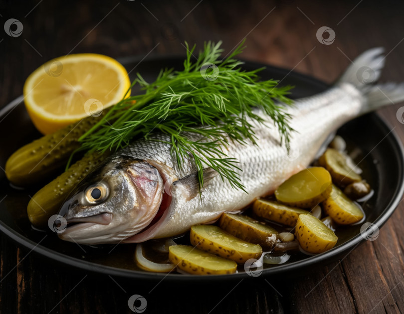 Скачать Маринованная сельдь с корнишонами и луком, созданная искусственным интеллектом фотосток Ozero