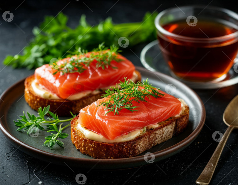 Скачать Тост с фарелем из красной рыбы, зеленью и чашкой чая. Создано с помощью искусственного интеллекта фотосток Ozero