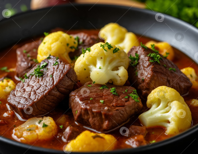 Скачать Мясное жаркое с цветной капустой, созданное с помощью искусственного интеллекта фотосток Ozero