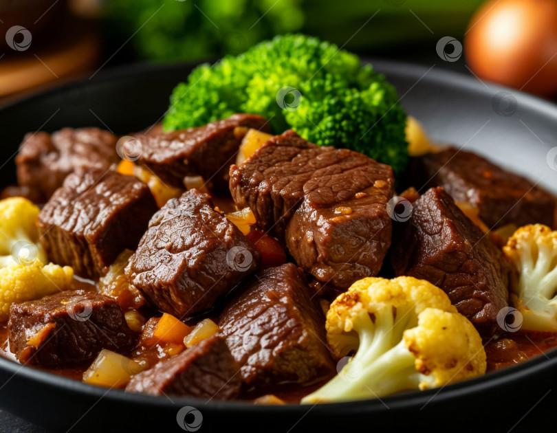 Скачать Мясное жаркое с цветной капустой, созданное с помощью искусственного интеллекта фотосток Ozero