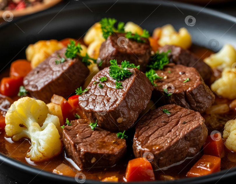 Скачать Мясное жаркое с цветной капустой, созданное с помощью искусственного интеллекта фотосток Ozero