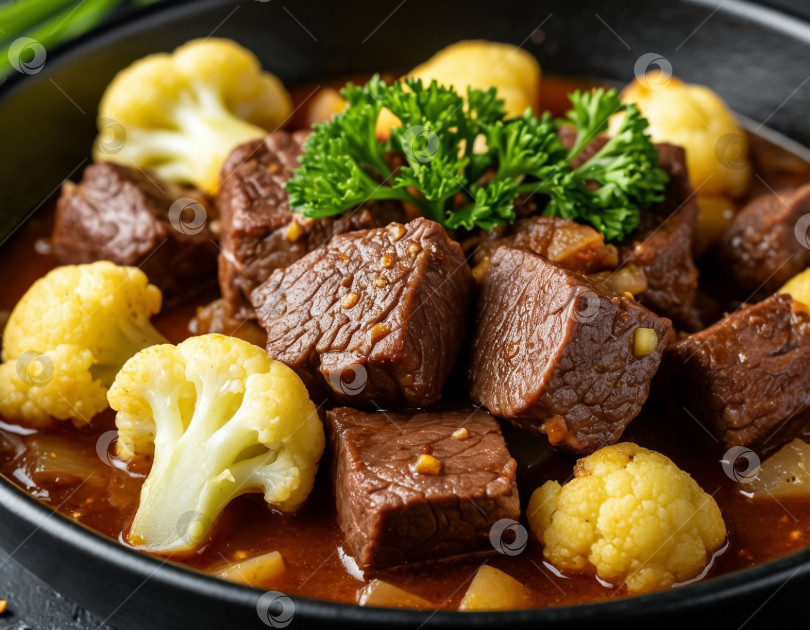 Скачать Мясное жаркое с цветной капустой, созданное с помощью искусственного интеллекта фотосток Ozero