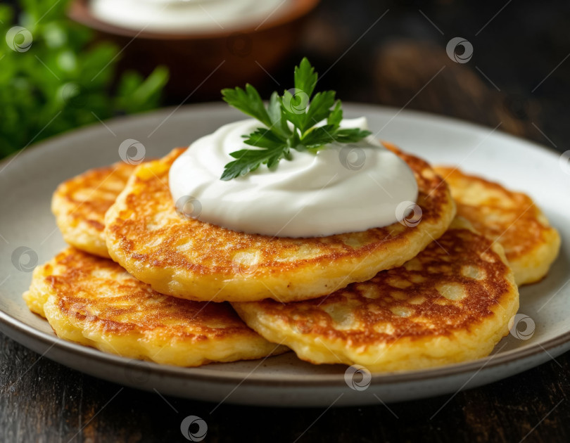 Скачать Картофельные оладьи со сметаной, созданные с помощью искусственного интеллекта фотосток Ozero
