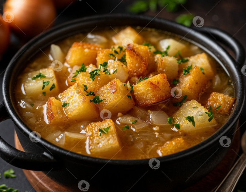 Скачать Французский луковый суп с гренками, созданный с помощью искусственного интеллекта фотосток Ozero