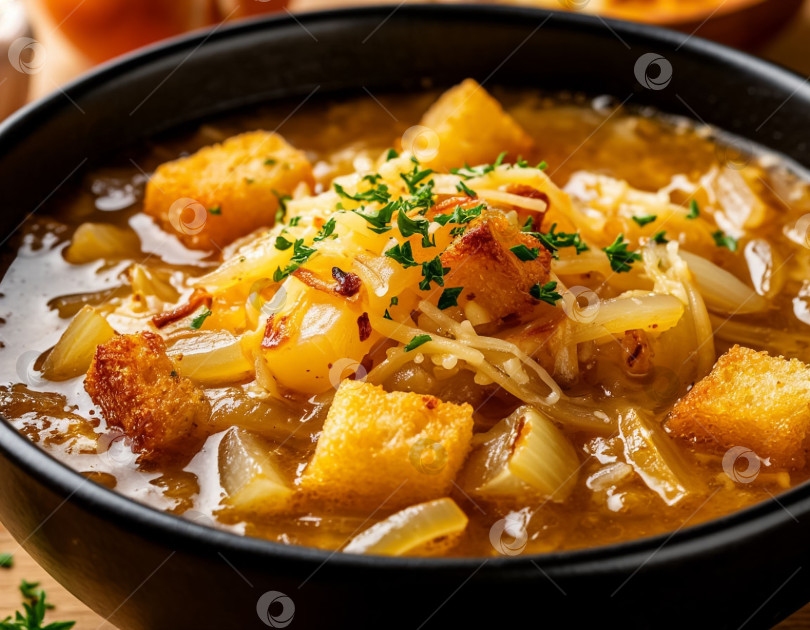 Скачать Французский луковый суп с гренками, созданный с помощью искусственного интеллекта фотосток Ozero