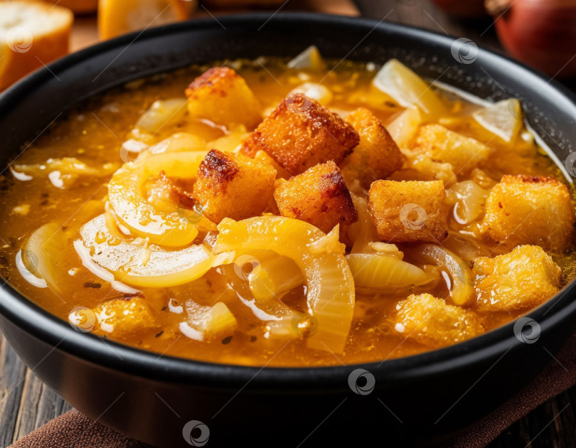 Скачать Французский луковый суп с гренками, созданный с помощью искусственного интеллекта фотосток Ozero